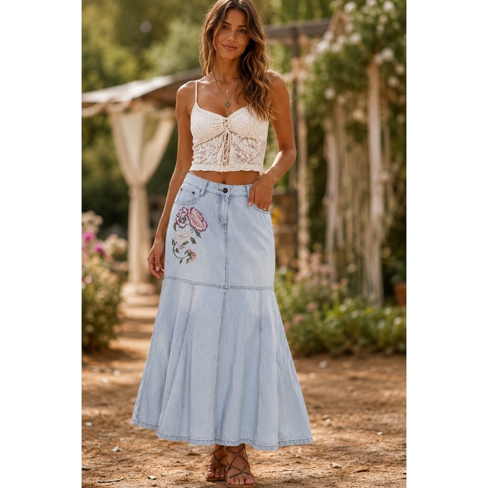 Vintage Western Boho Floral Embroidered Denim Maxi Skirt Festival Mermaid XL